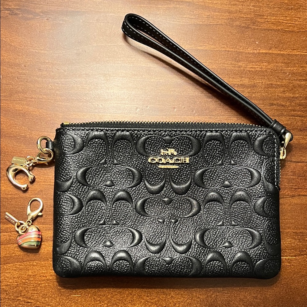 Coach Signature C Black Embossed Wristlet w/2 Gold Charms